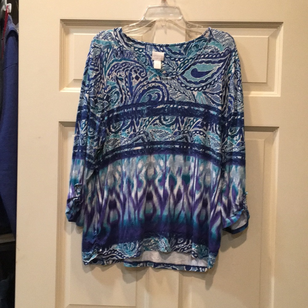 Chico’s Size 3 Blue/green pattern 3/4 sleeve shirt